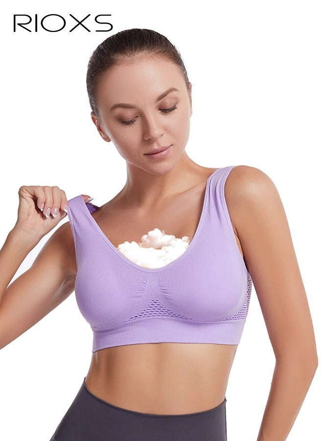 RIOXS Women's Sports Bra, Wireless Breathable Hollow Out Mesh Lingerie for Ladies, Soild Color Seamless Padded Yoga Fitness Bra, Everyday Bras Comfortable Underwear for Sport or Daily Wear, Purple - Image 2